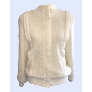 VTG Sweater Jacket Answers By Riddles 80s Textured Acrylic Zip Front White Rare